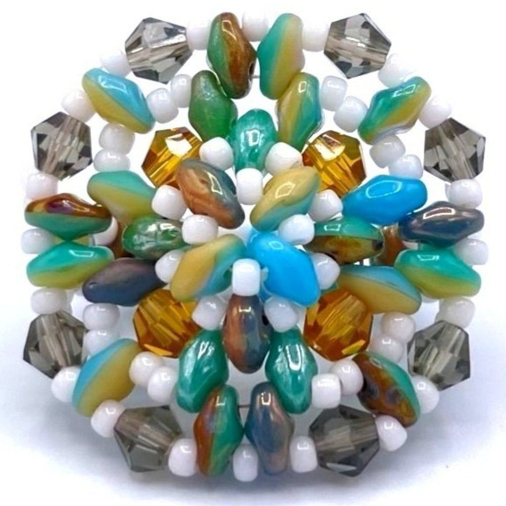 Multi Blue and Cream with White and Gray Crystal Beaded Statement Ring Size 7.5